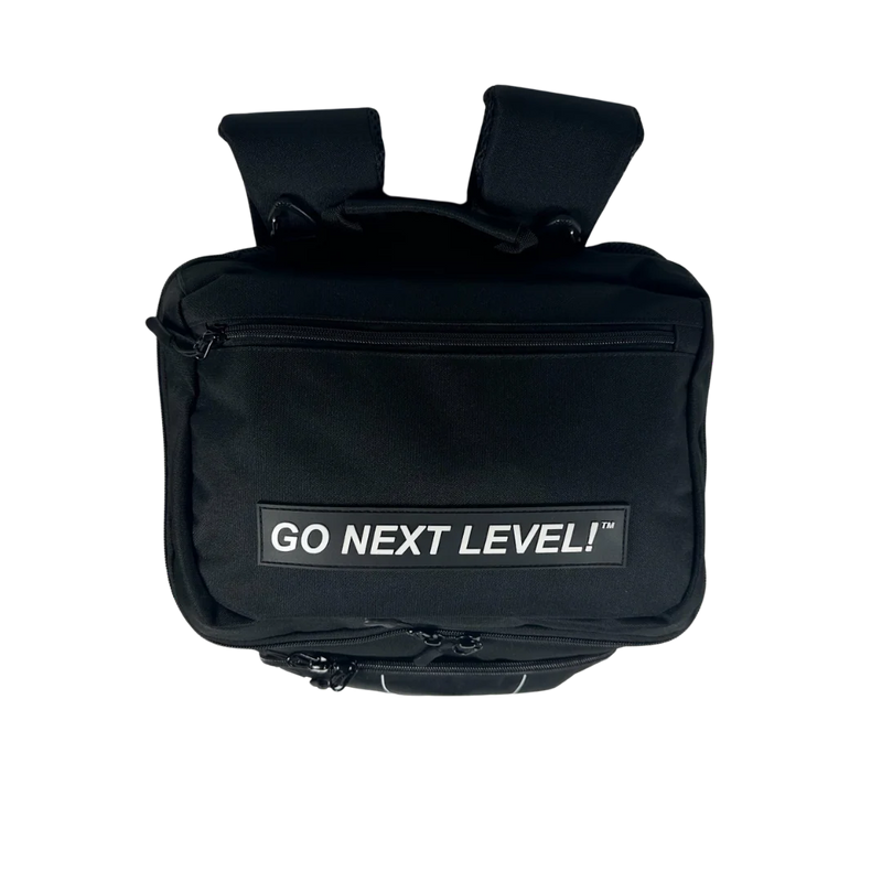 Black backpack with 'GO NEXT LEVEL!' text on a white background