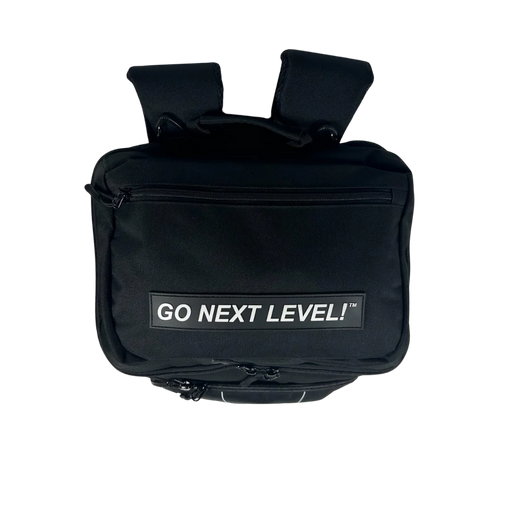 Black backpack with 'GO NEXT LEVEL!' text on a white background