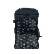 Black backpack with patterned back panel on a white background
