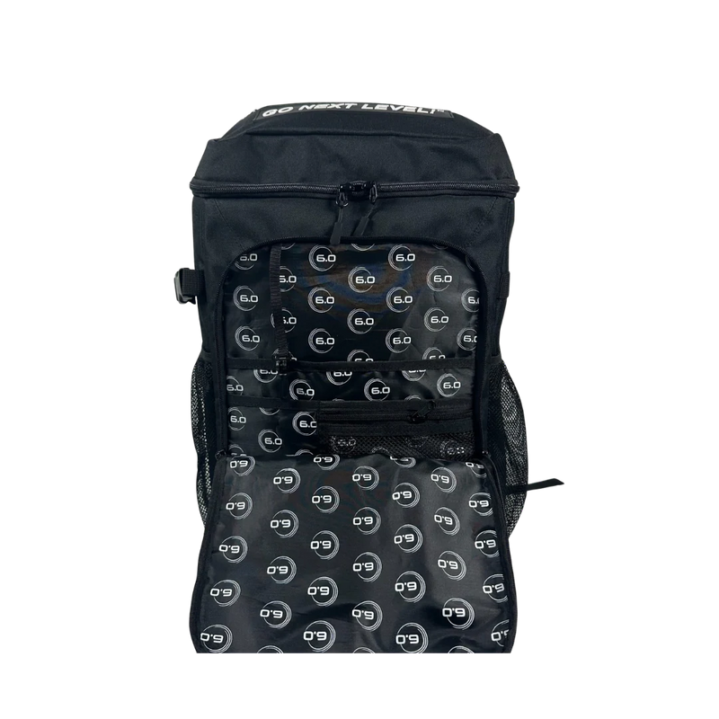 Black backpack with patterned back panel on a white background