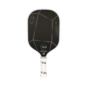 Black pickleball paddle with white text on a white background