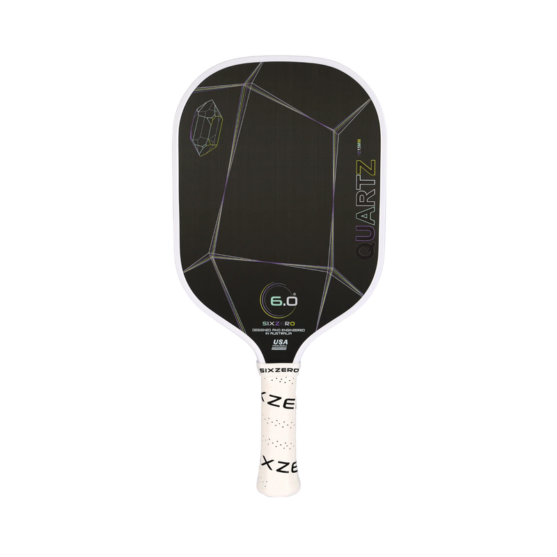 Black pickleball paddle with white text on a white background