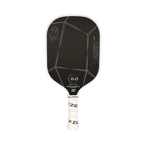 Black pickleball paddle with white text on a white background