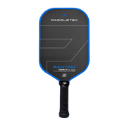Paddletek pickleball paddle with blue rim on a white background