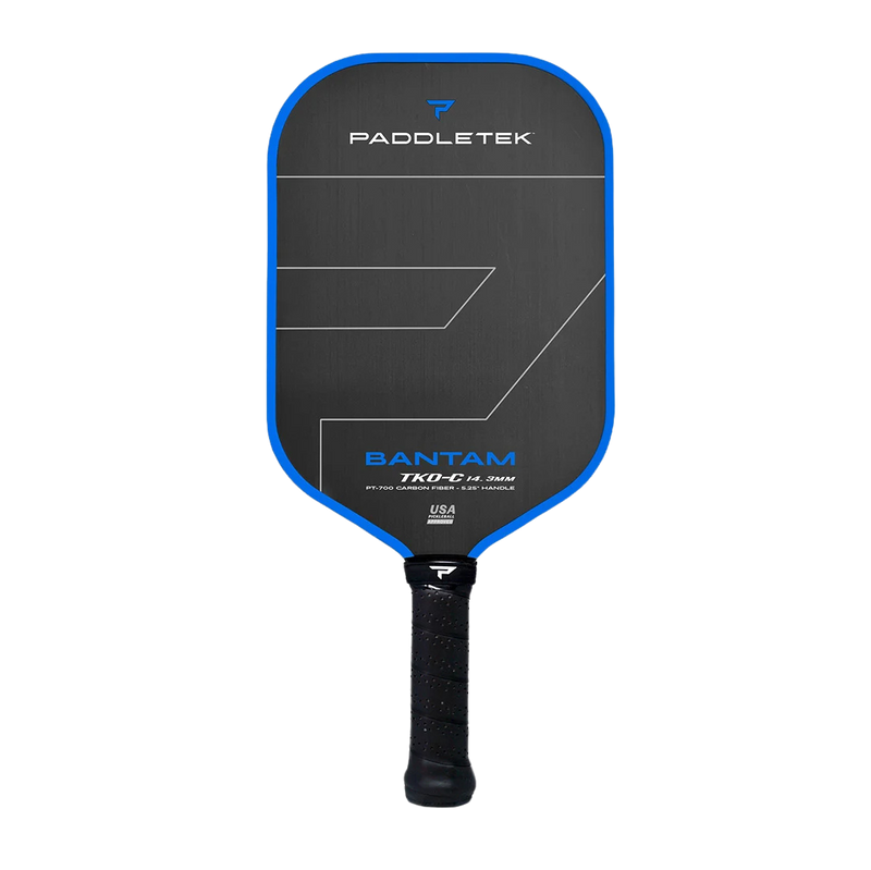 Paddletek pickleball paddle with blue rim on a white background