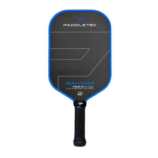 Paddletek pickleball paddle with blue rim on a white background