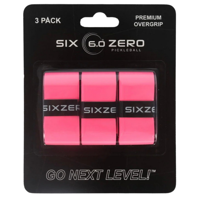 Pack of pink pickleball overgrips by Six Zero on a black background