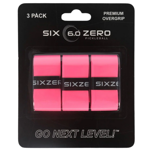 Pack of pink pickleball overgrips by Six Zero on a black background