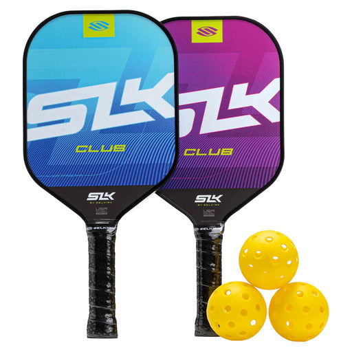Two pickleball paddles with blue and purple designs and three yellow pickleballs on a white background.