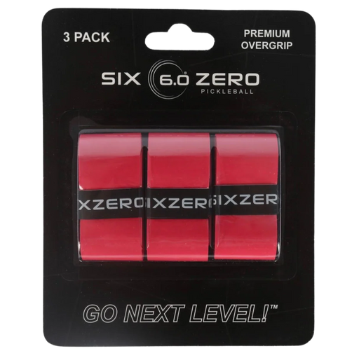 Pack of red pickleball overgrips with 'Six 6.0 Zero' branding on a black background.