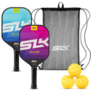 Two pickleball paddles with colorful designs, a mesh bag, and three yellow balls on a white background.