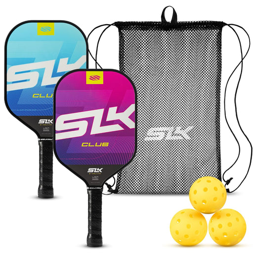 Two pickleball paddles with colorful designs, a mesh bag, and three yellow balls on a white background.