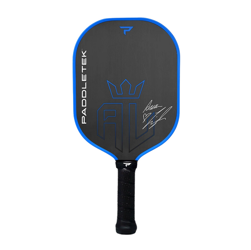 Black and blue pickleball paddle with branding on a white background