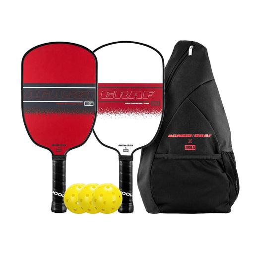 Pickleball paddle set with bags and balls on a white background