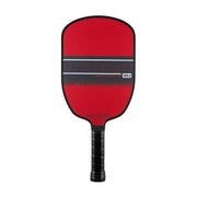 Red pickleball paddle with black handle on a white background