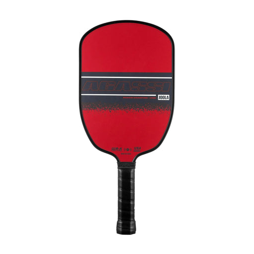 Red pickleball paddle with black handle on a white background