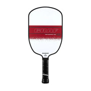 Pickleball paddle with red and white design on a white background