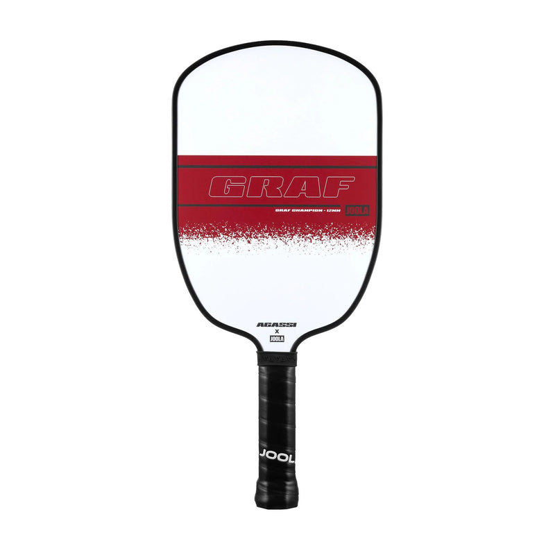 Pickleball paddle with red and white design on a white background
