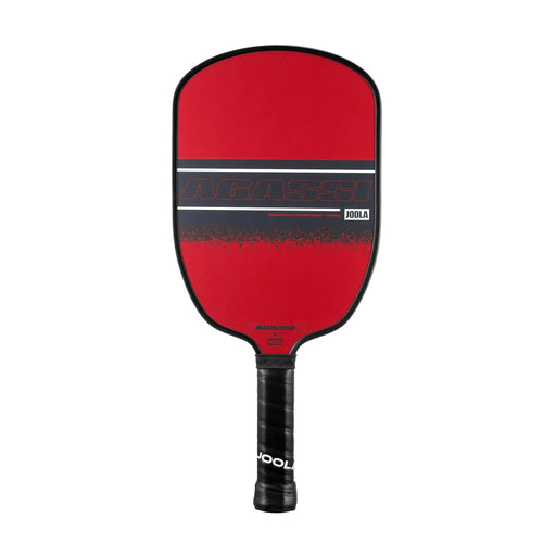 Red pickleball paddle with black handle and Joola branding on a white background