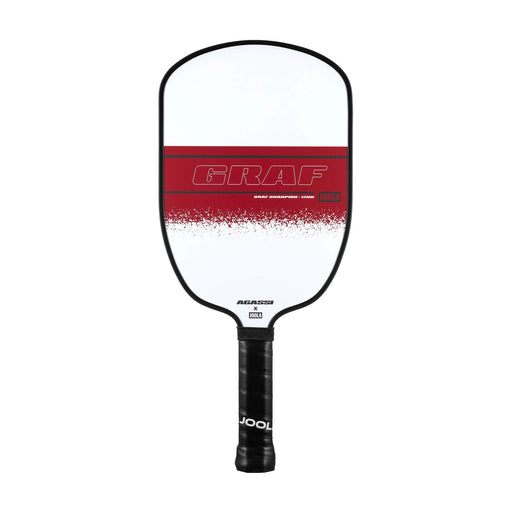 Pickleball paddle with red and white design on a white background
