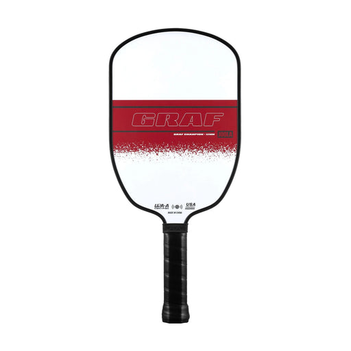 Pickleball paddle with red and white design on a white background