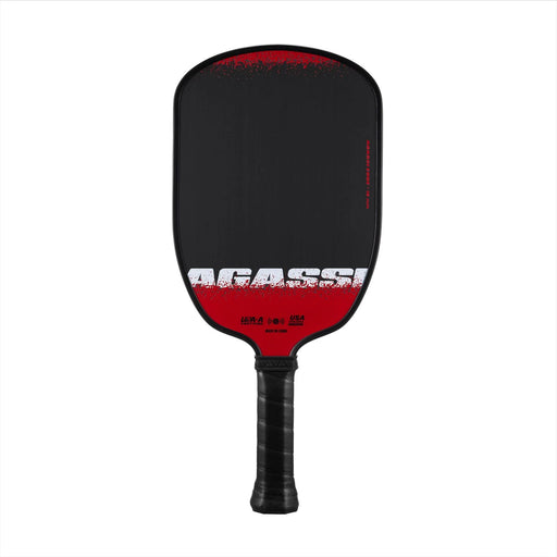 Black and red pickleball paddle with 'Agassi' branding on a white background