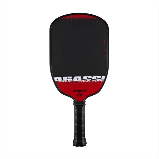Black and red pickleball paddle with Agassi branding on a white background