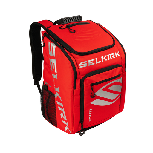 Red Selkirk backpack with black accents on a white background