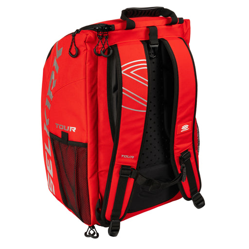 Red sports backpack with black accents on a white background