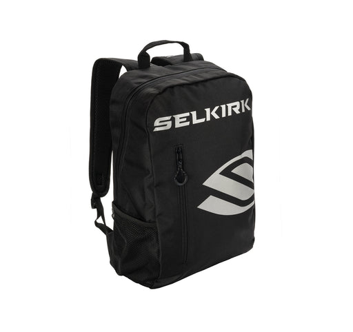 Black backpack with Selkirk logo on a white background