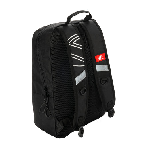 Black backpack with a visible brand logo on a white background
