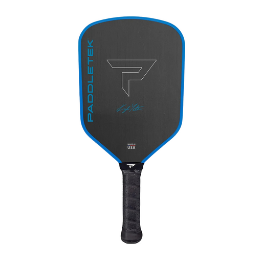 Pickleball paddle with blue rim and black handle on a white background