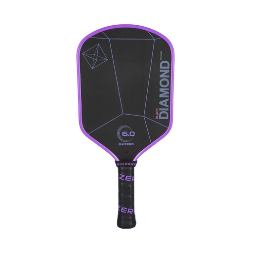 Black and purple pickleball paddle with branding on a white background