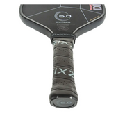 Close-up of a SixZero pickleball paddle on a white background