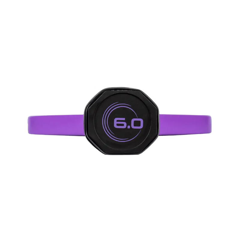 Purple fitness tracker with '6.0' display on a white background