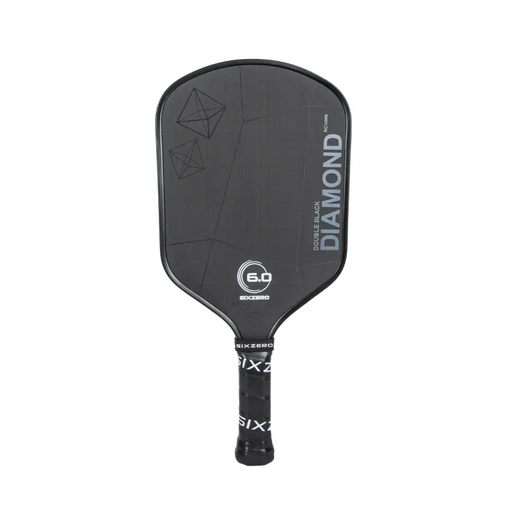Black pickleball paddle with branding on a white background