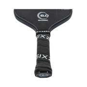 Close-up of a black pickleball paddle with 'Sixzero' branding on a white background
