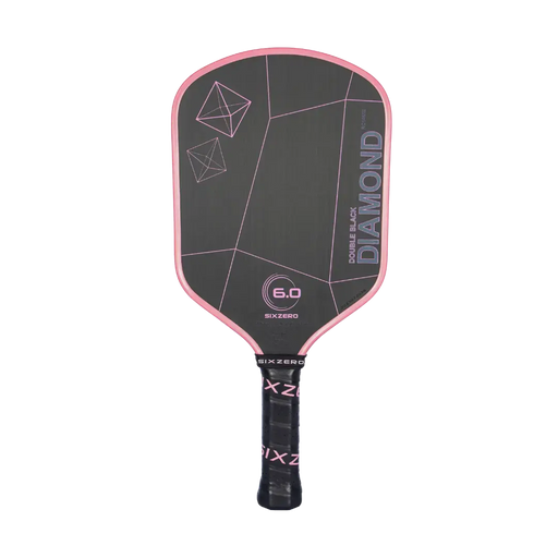Pickleball paddle with pink rim and black back on a white background