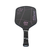 Black pickleball paddle with pink text on a white background