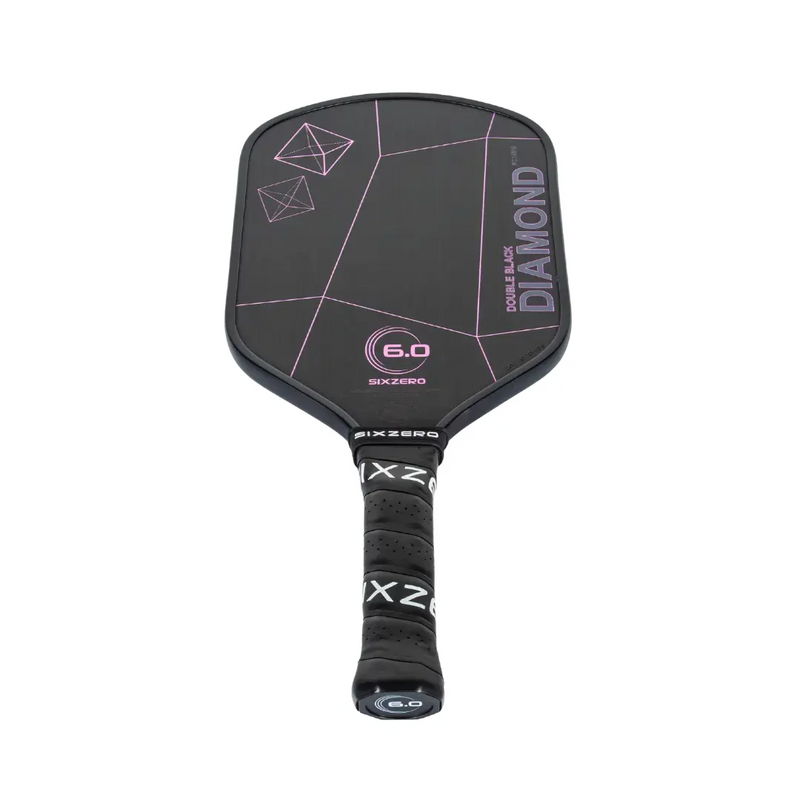Black pickleball paddle with pink text on a white background