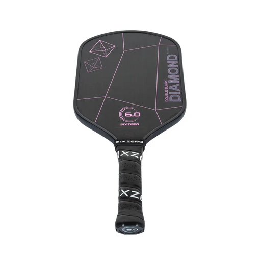 Black pickleball paddle with pink text on a white background