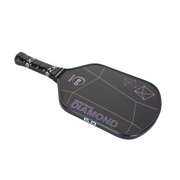 Black pickleball paddle with pink designs on a white background