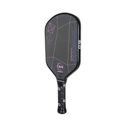 Black pickleball paddle with pink text on a white background