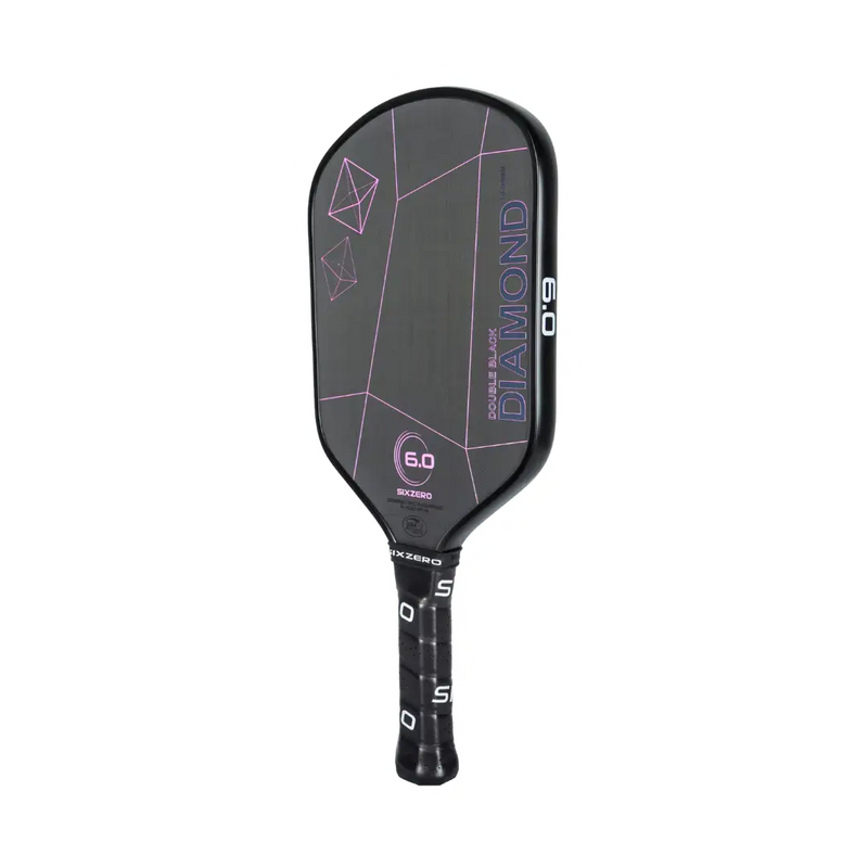 Black pickleball paddle with pink text on a white background