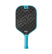 Pickleball paddle with checkered design and blue handle on a white background