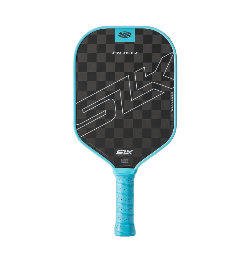 Pickleball paddle with checkered design and blue handle on a white background