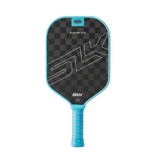 Pickleball paddle with checkered design and blue handle on a white background
