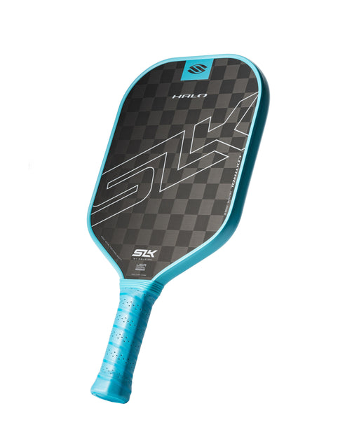 Pickleball paddle with black and blue design on a white background