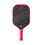 Pickleball paddle with black and pink design on a white background