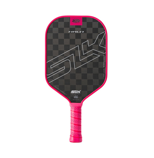 Pickleball paddle with black and pink design on a white background